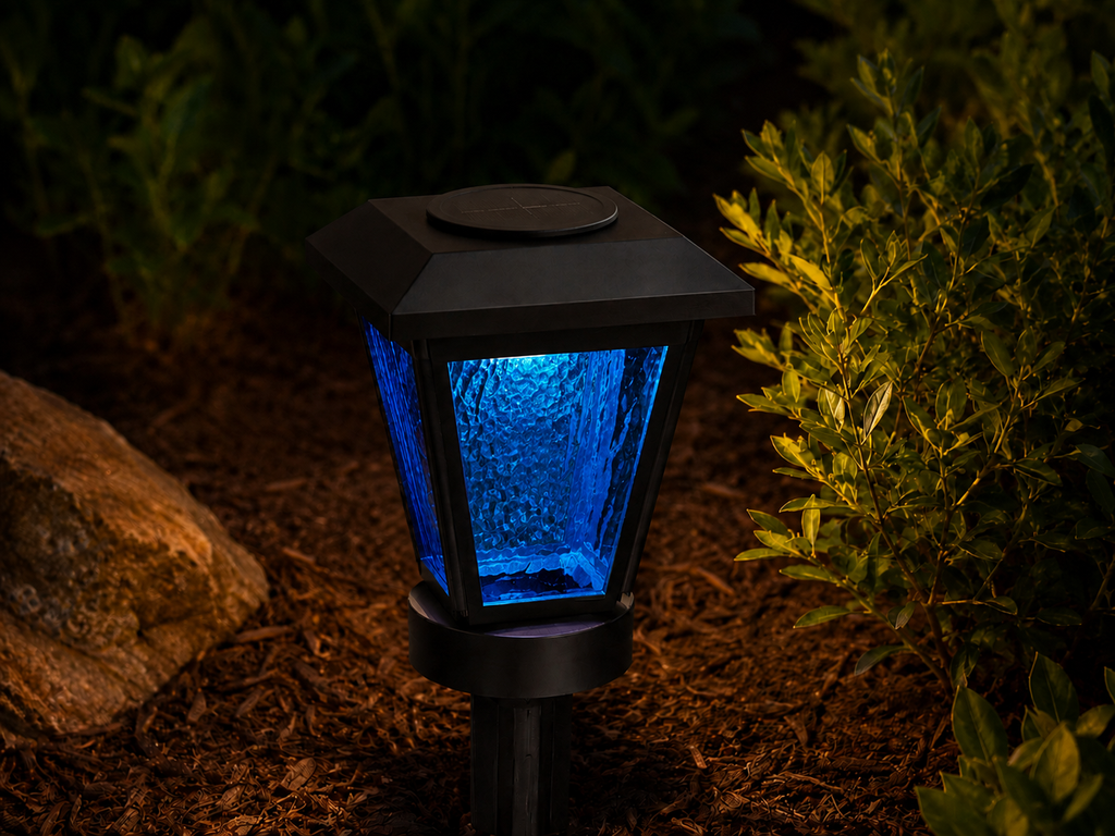 Lantern with Blue Textured Glass LED Bulb Solar Landscape Light – Black