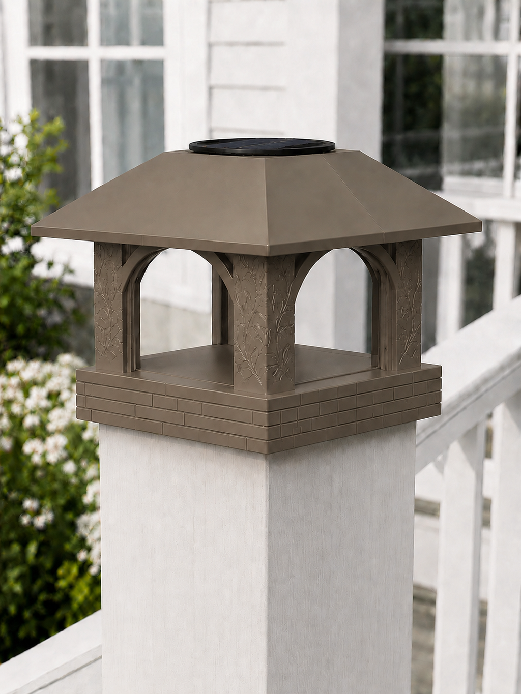 Arched Leaf Column 4.5-Inch High-Profile Roof Solar Post Cap Light – Olive Brown