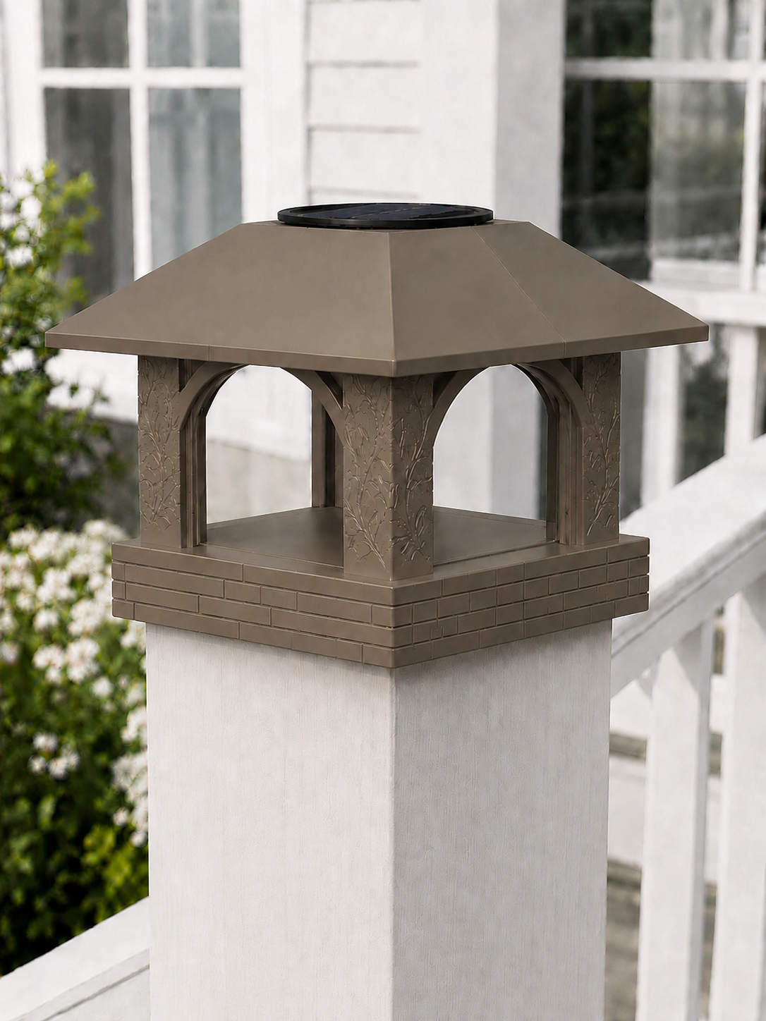Arched Leaf Column 4.5-Inch High-Profile Roof Solar Post Cap Light – Olive Brown
