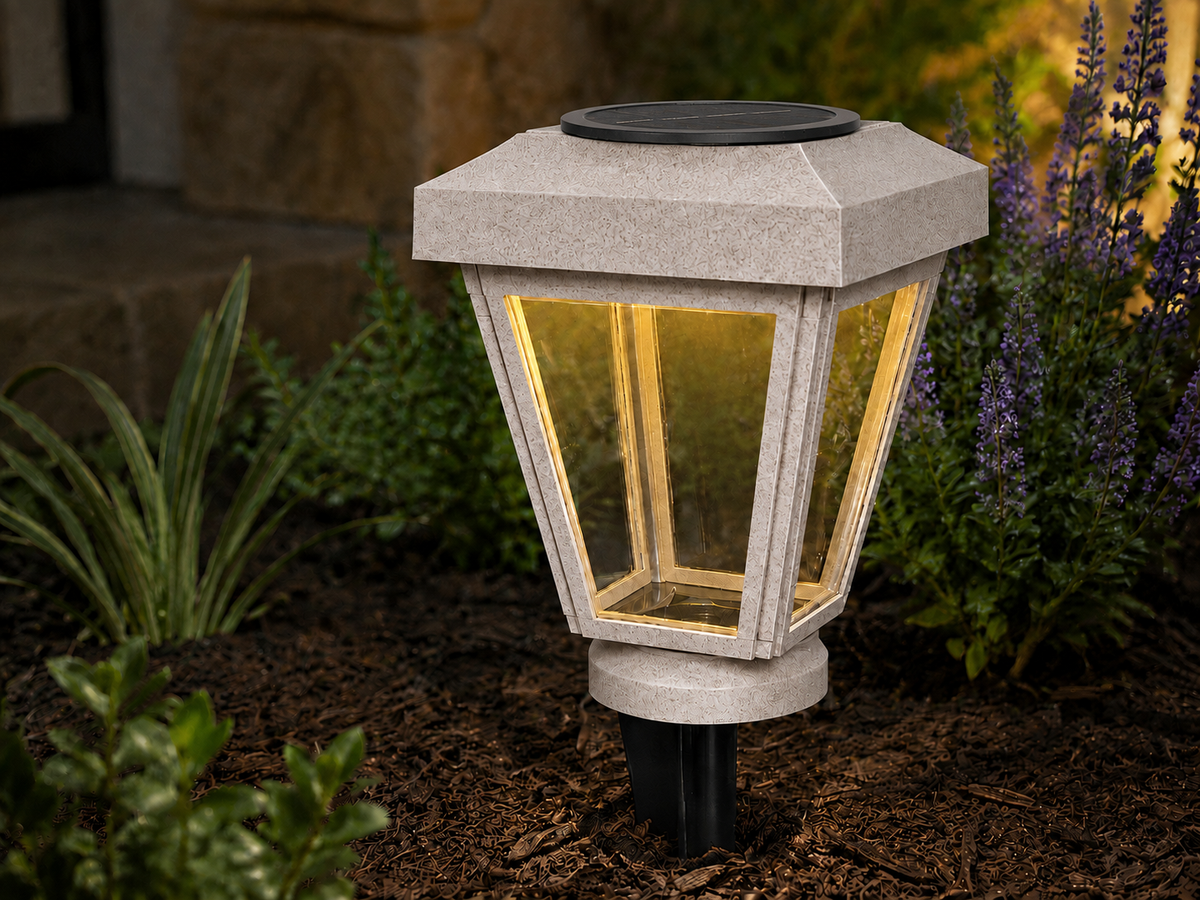 Lantern with Clear Glass LED Bulb Solar Landscape Light – Marble