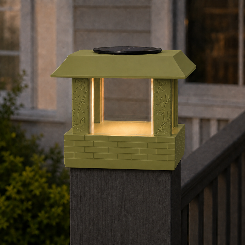Square Leaf 4.5-Inch Low-Profile Roof Solar Post Cap Light – Natural Green