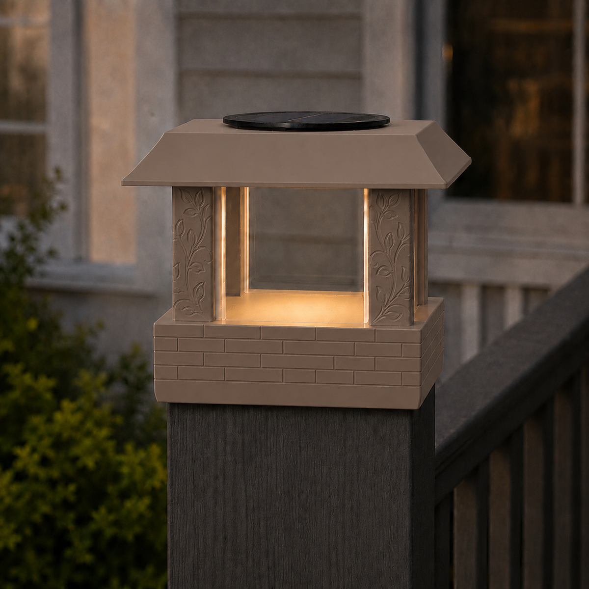 Square Leaf 4.5-Inch Low-Profile Roof Solar Post Cap Light – Olive Brown