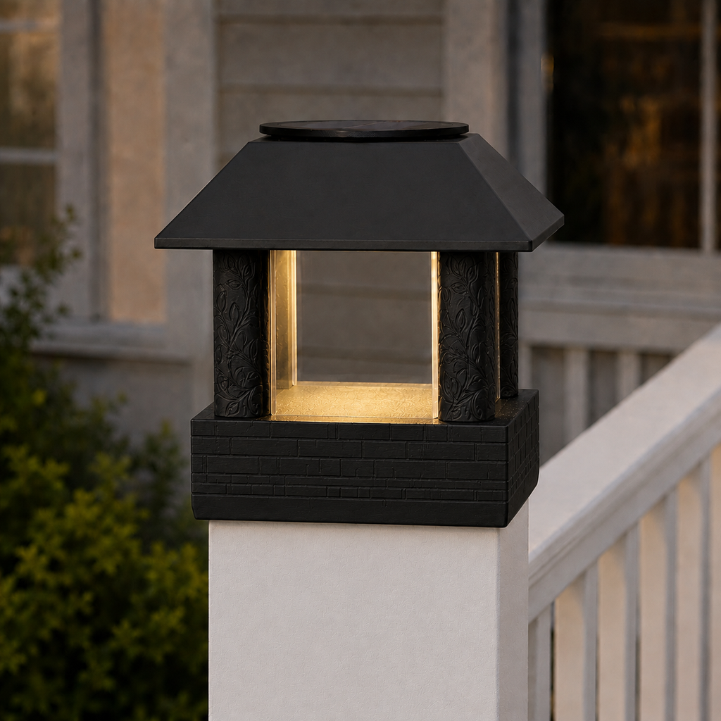 Round Leaf Column 4.5-Inch High-Profile Roof Solar Post Cap Light – Black