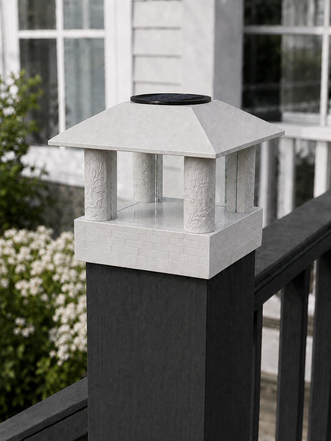 Round Leaf Column 4.5-Inch High-Profile Roof Solar Post Cap Light – Marble