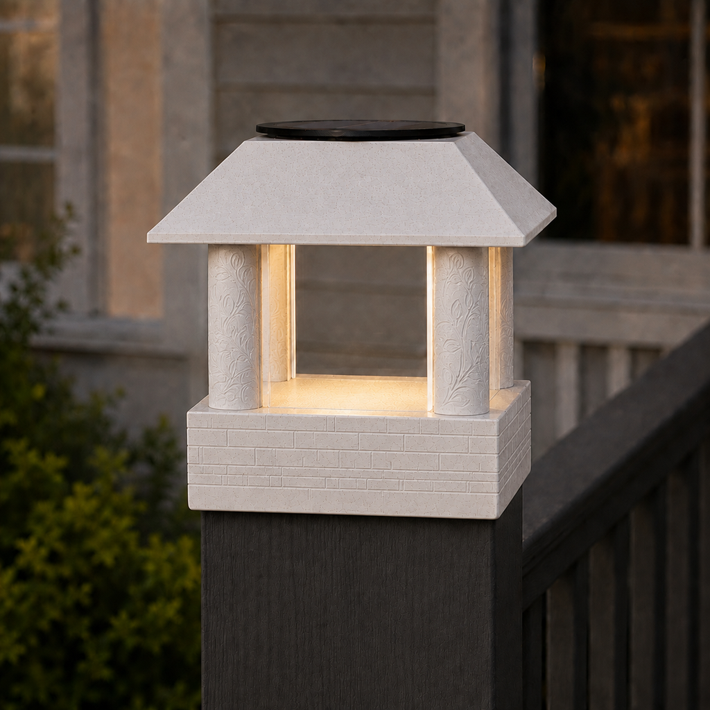 Round Leaf Column 4.5-Inch High-Profile Roof Solar Post Cap Light – Marble