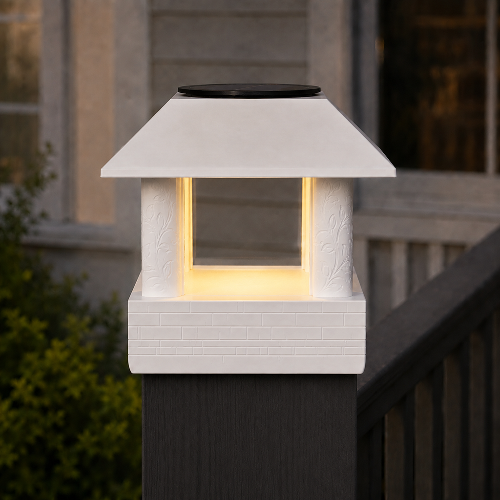 Round Leaf Column 4.5-Inch High-Profile Roof Solar Post Cap Light – White