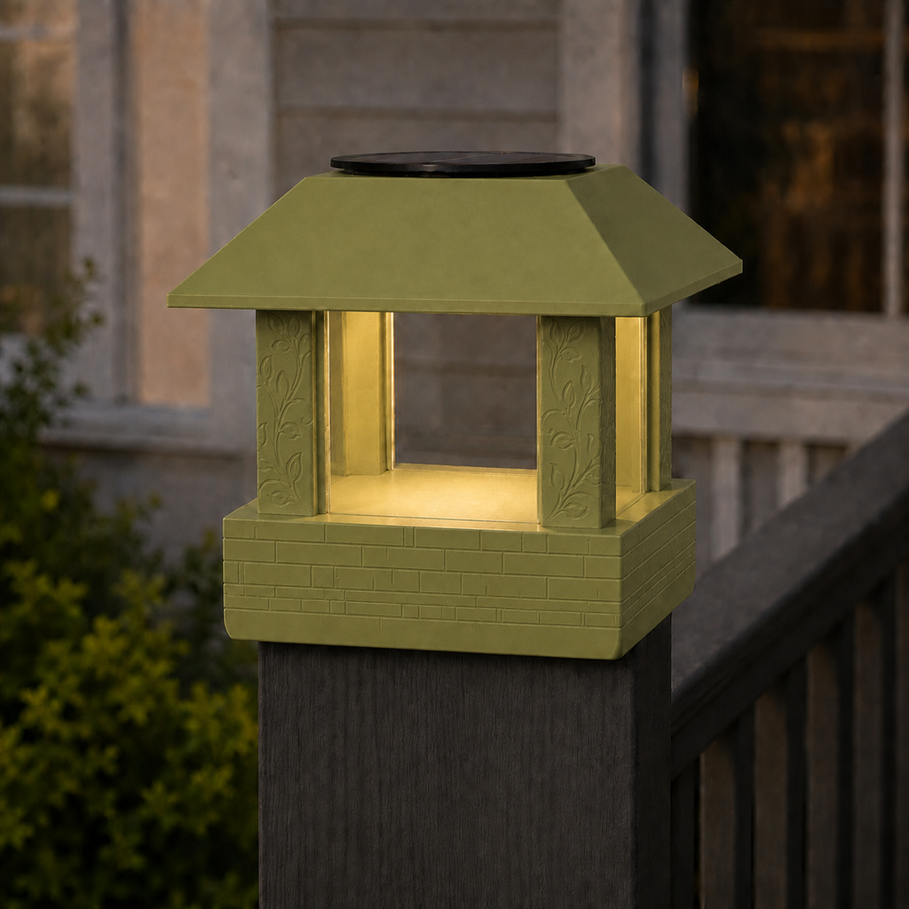 Square Leaf 4.5-Inch High-Profile Roof Solar Post Cap Light – Natural Green