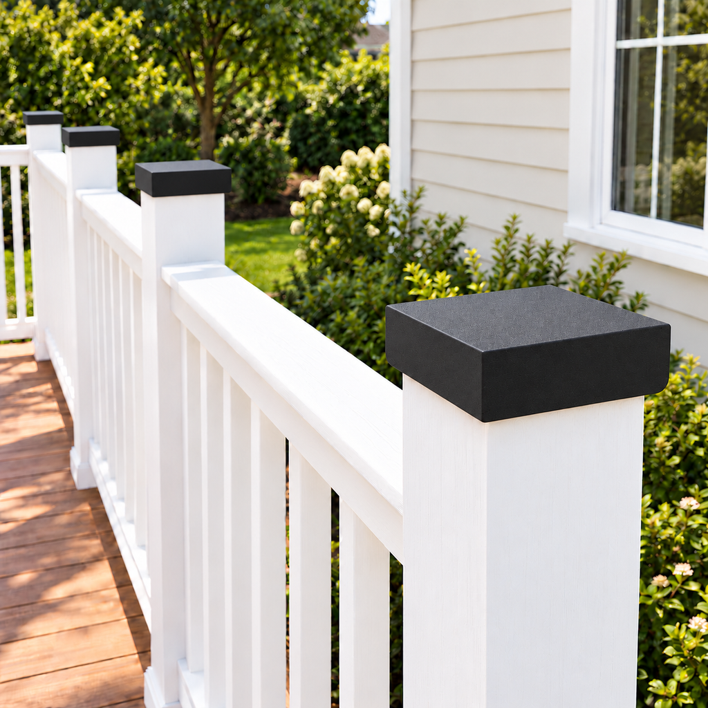 Black plain post caps installed on deck posts