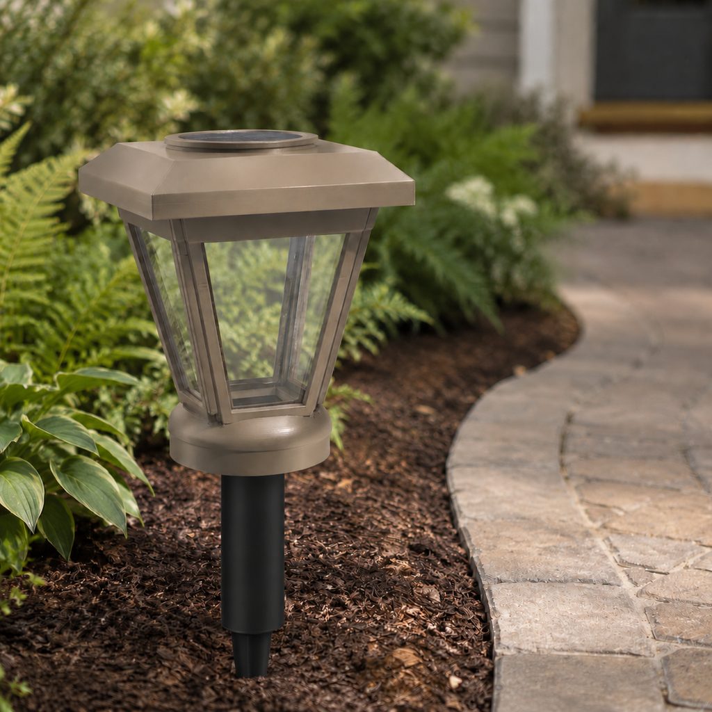 Olive Brown Lantern with 6-Inch Riser & Clear Glass LED Bulb for Landscape Lighting