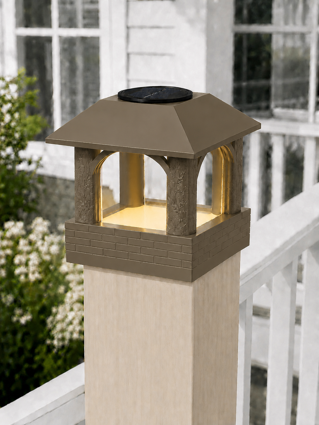 Arched Leaf Column 4.5-Inch High-Profile Roof Solar Post Cap Light – Olive Brown