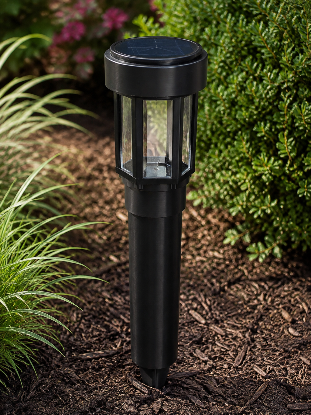 Decorative Clear Glass LED Solar Landscape Light with Riser – Black