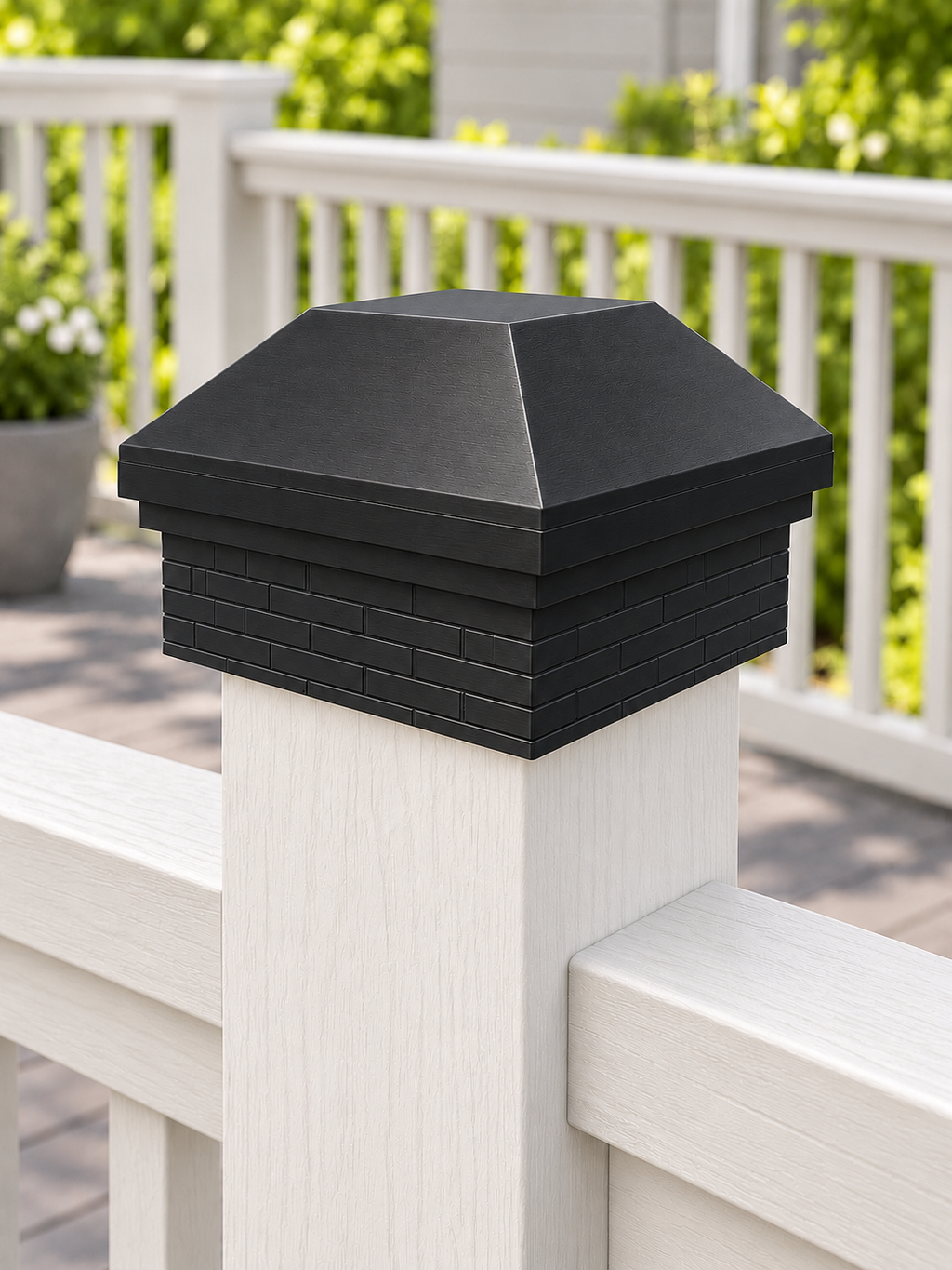 4×4 Post Cap – High Profile Roof with Brick Base – Black – Fits 4″ Posts
