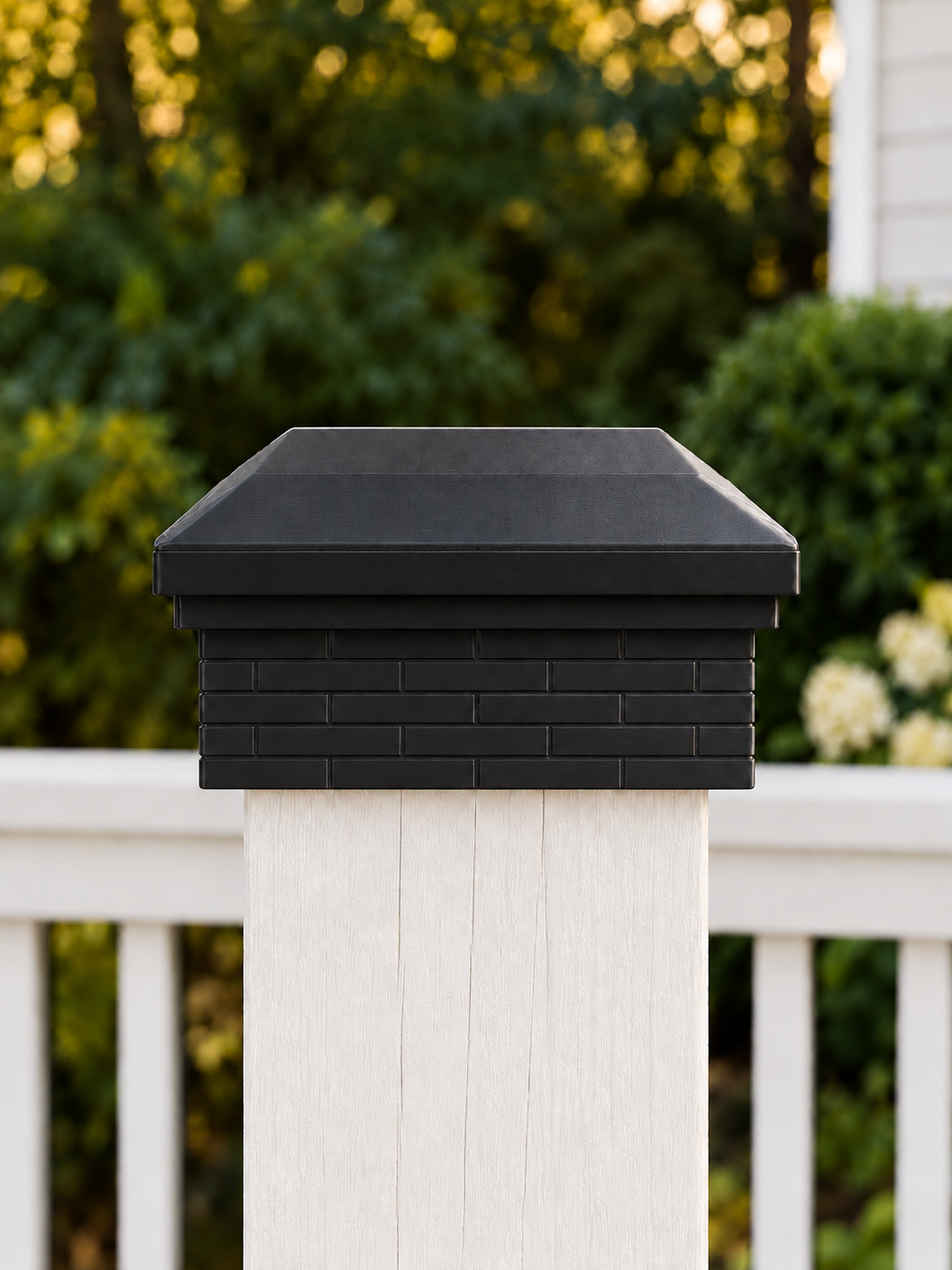 4×4 Post Cap – Low Profile Roof with Brick Base – Black – Fits 3.5″ Posts