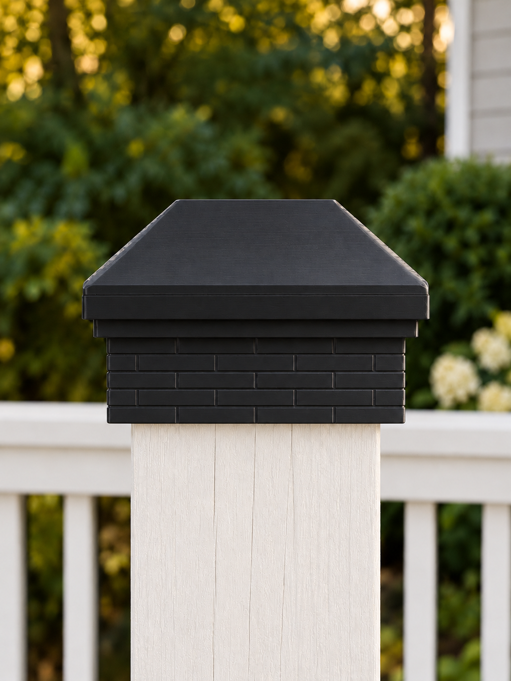4×4 Post Cap – High Profile Roof with Brick Base – Black – Fits 4.5″ Posts