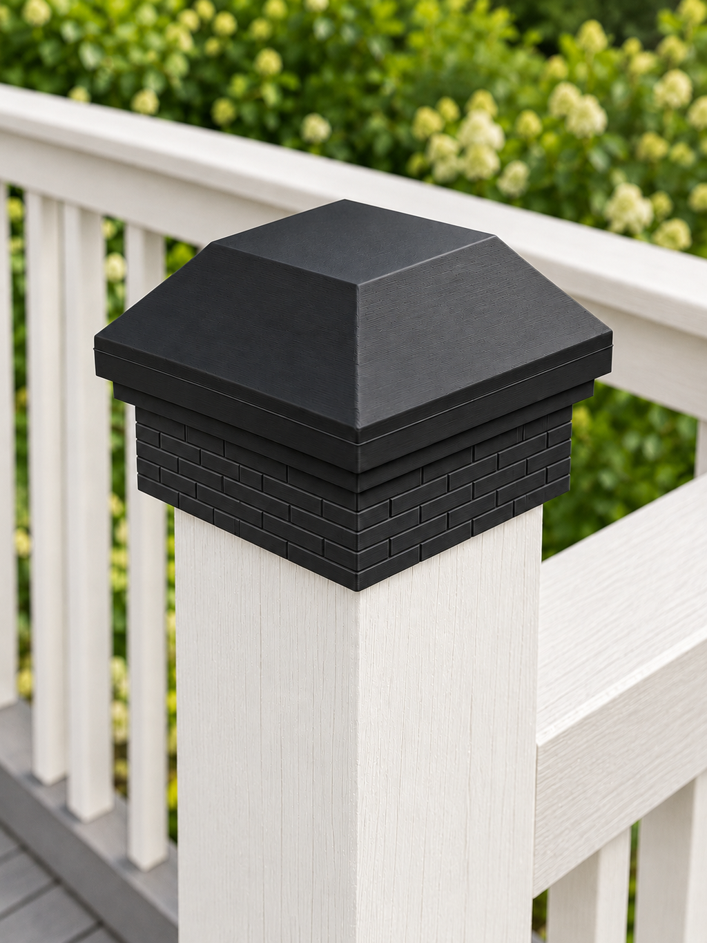 4×4 Post Cap – High Roof with Brick Base – Black – Fits 3.5″ Posts