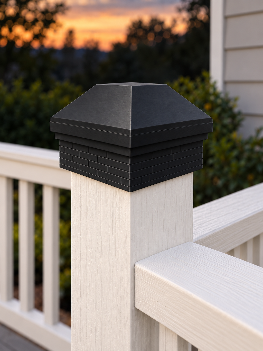 4×4 Post Cap – High Profile Roof with Brick Base – Black – Fits 4.5″ Posts