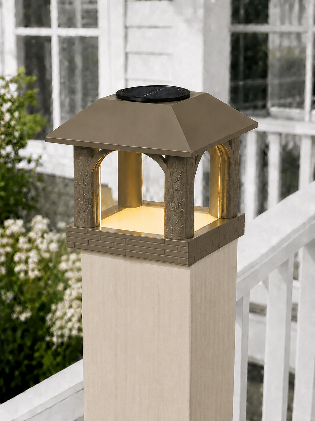 Arched Leaf Column 4.5-Inch High-Profile Roof Solar Post Cap Light – Olive Brown