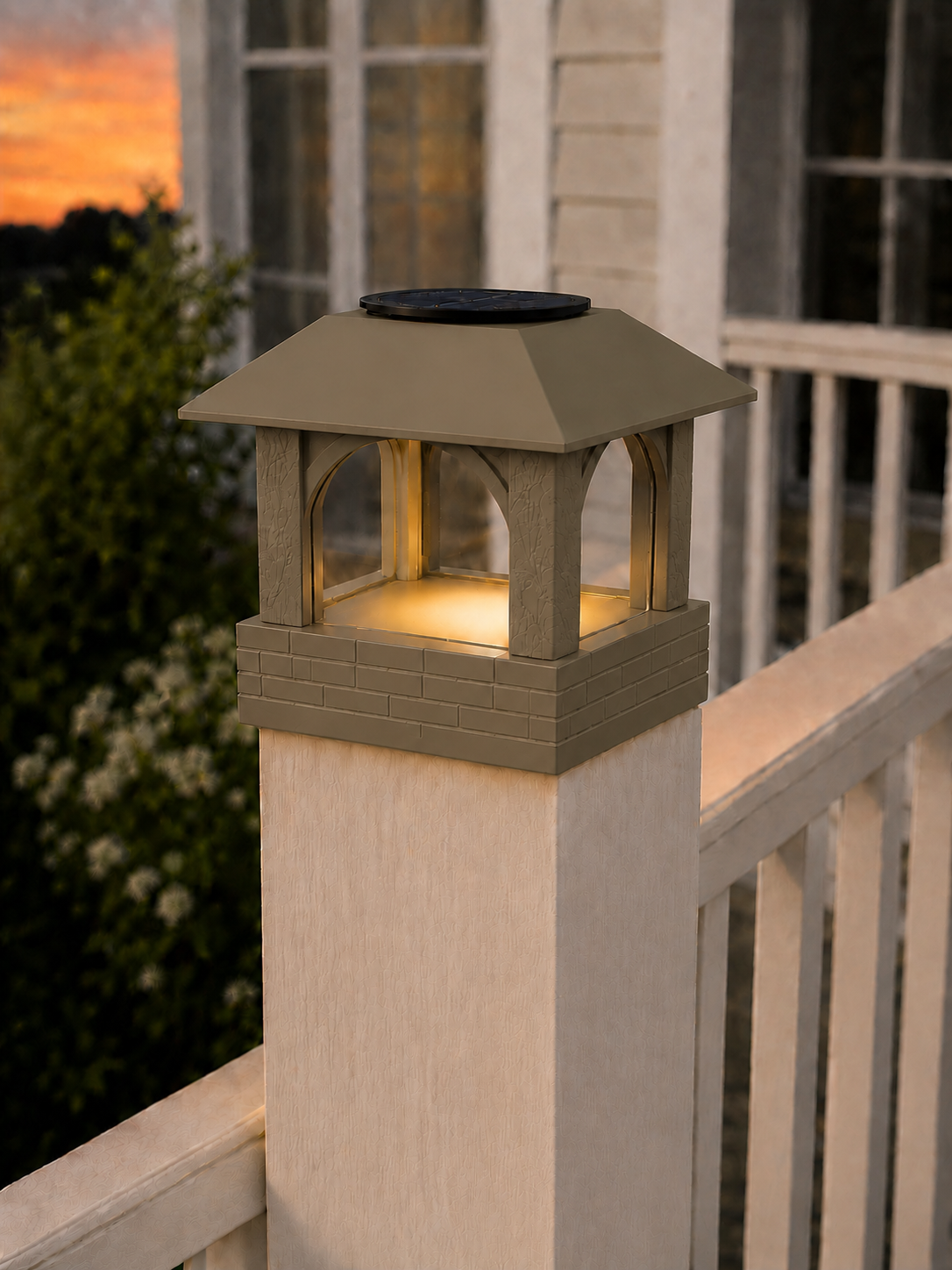 Arched Leaf Column 4.5-Inch High-Profile Roof Solar Post Cap Light – Olive Brown