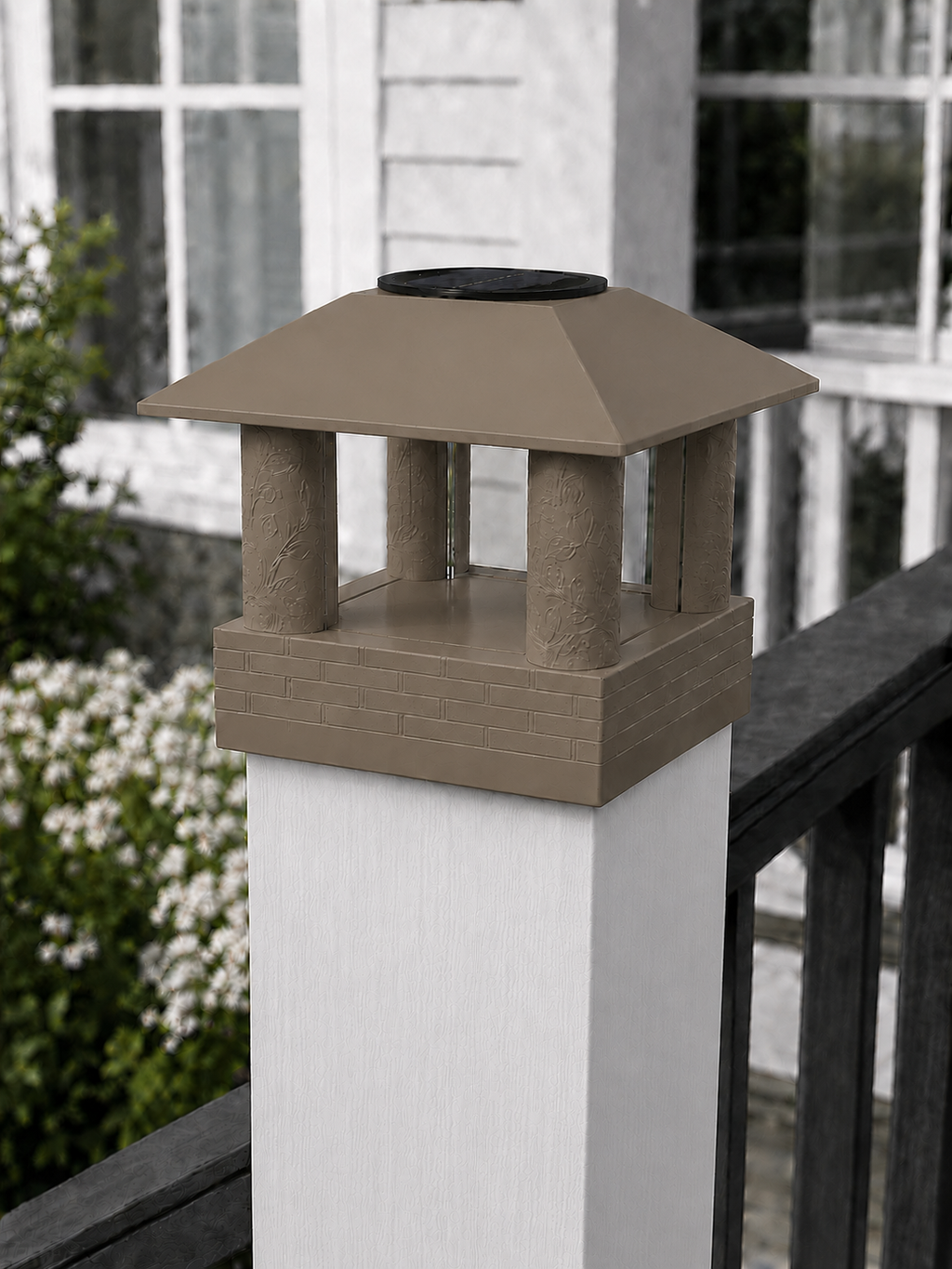 Round Leaf Column 4.5-Inch High-Profile Roof Solar Post Cap Light – Olive Brown