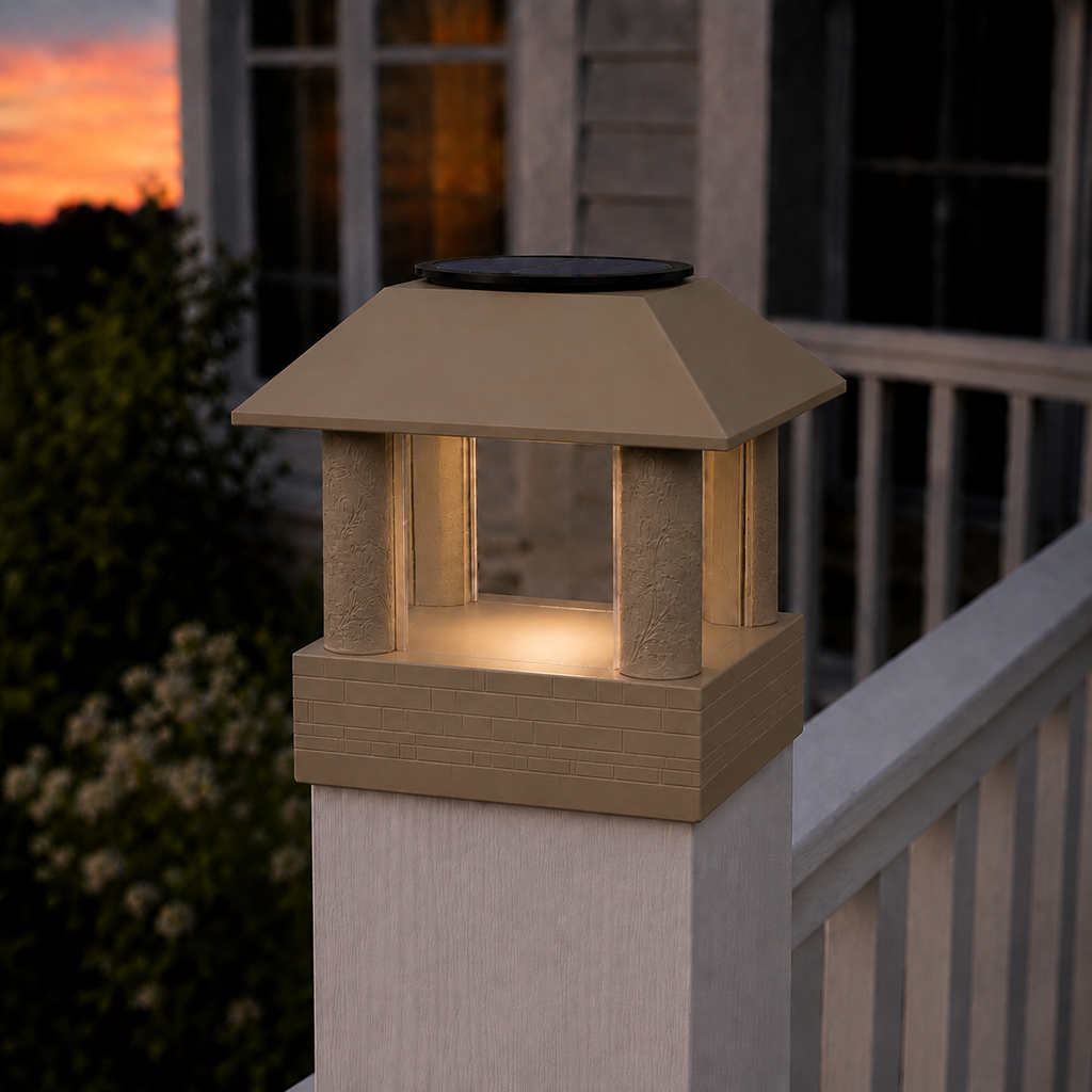 Round Leaf Column 4.5-Inch High-Profile Roof Solar Post Cap Light – Olive Brown