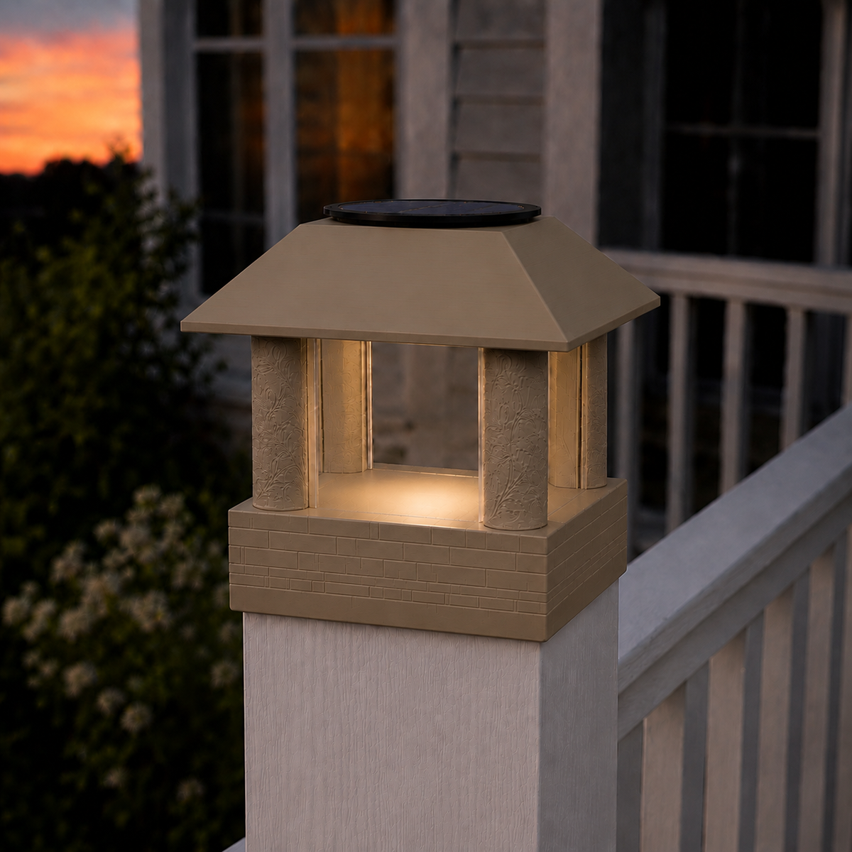 Round Leaf Column 4.5-Inch High-Profile Roof Solar Post Cap Light – Olive Brown