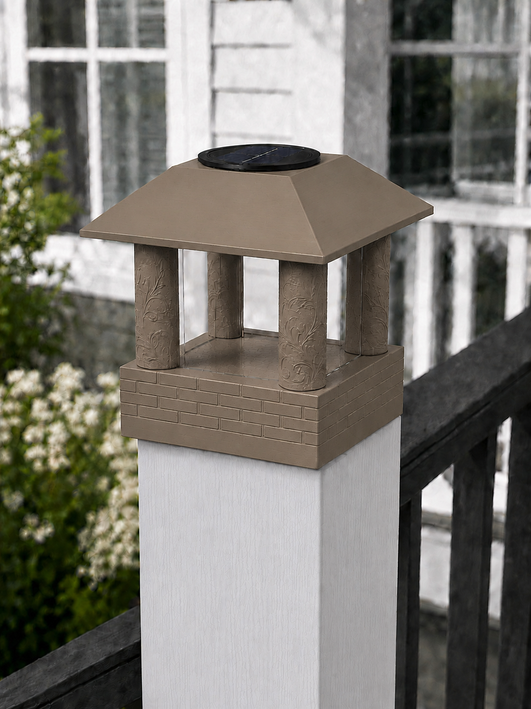 Round Leaf Column 4.5-Inch High-Profile Roof Solar Post Cap Light – Olive Brown