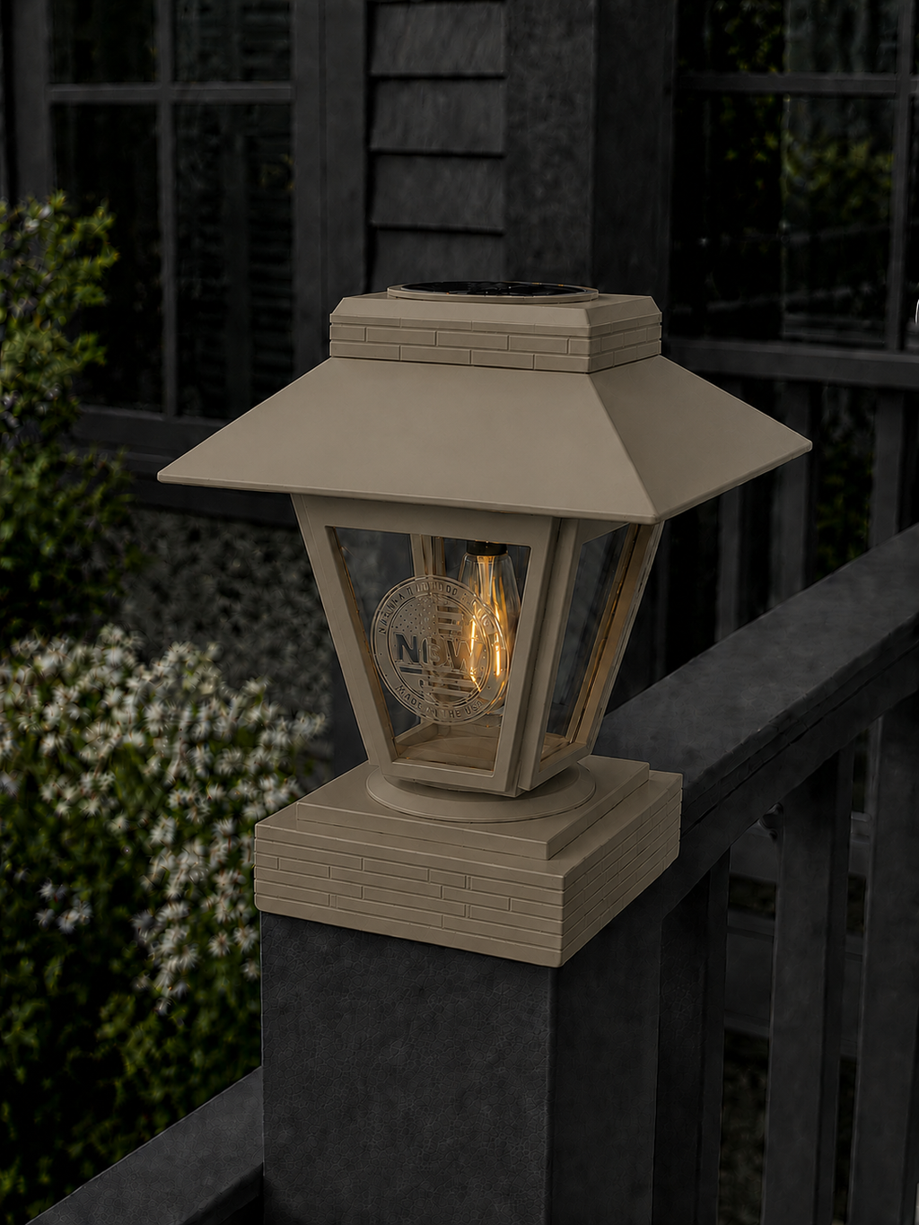 Lantern Engraved Glass 4-Inch Edison Bulb 4.5-Inch Solar Post Cap Light – Olive Brown