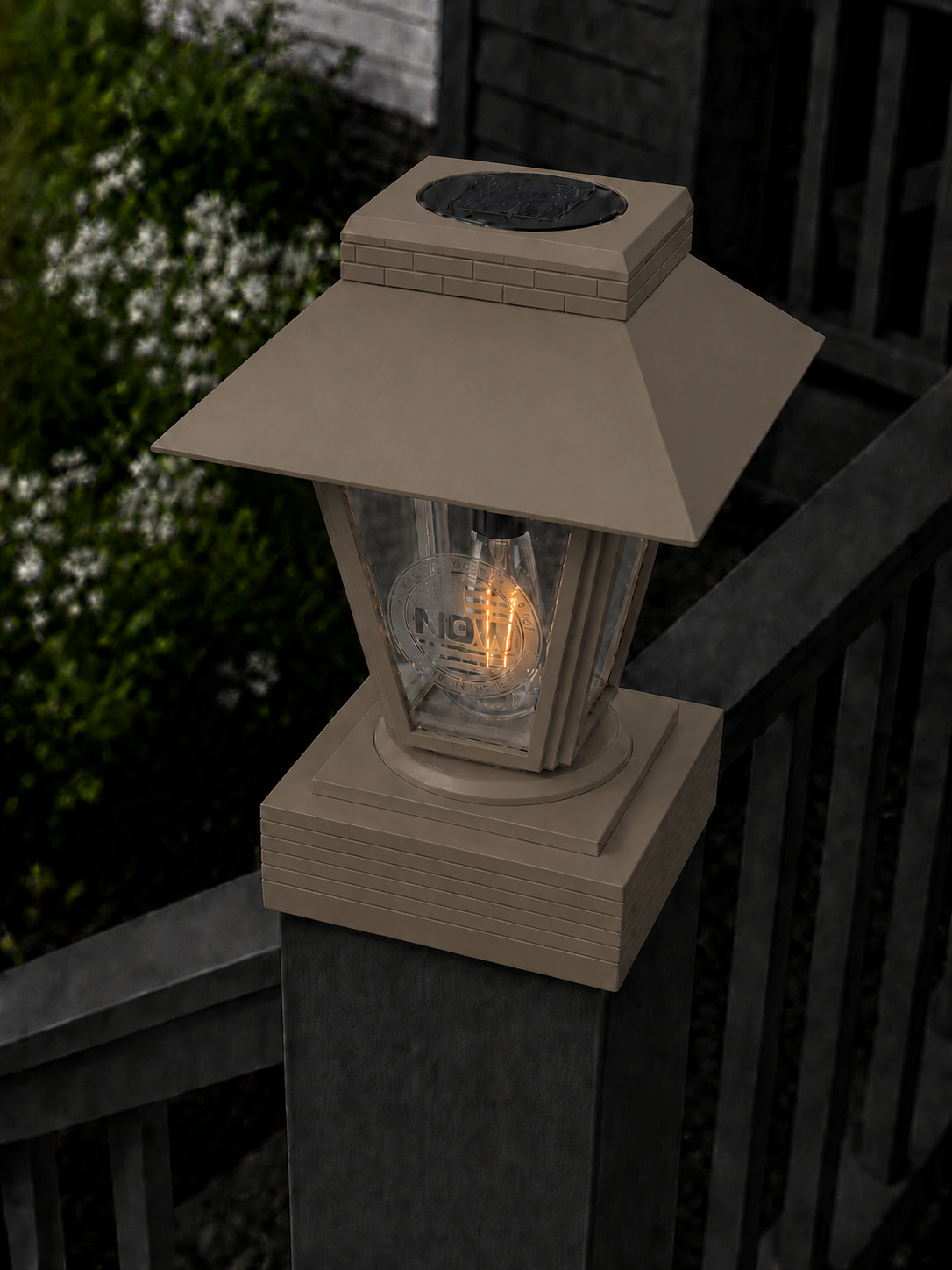 Lantern Engraved Glass 4-Inch Edison Bulb 4.5-Inch Solar Post Cap Light – Olive Brown