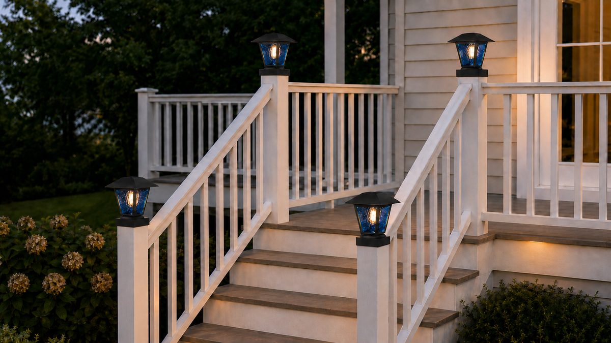 Lantern in Blue Glass 3-Inch Edison Bulb 4.5-Inch Solar Post Cap Light – Black