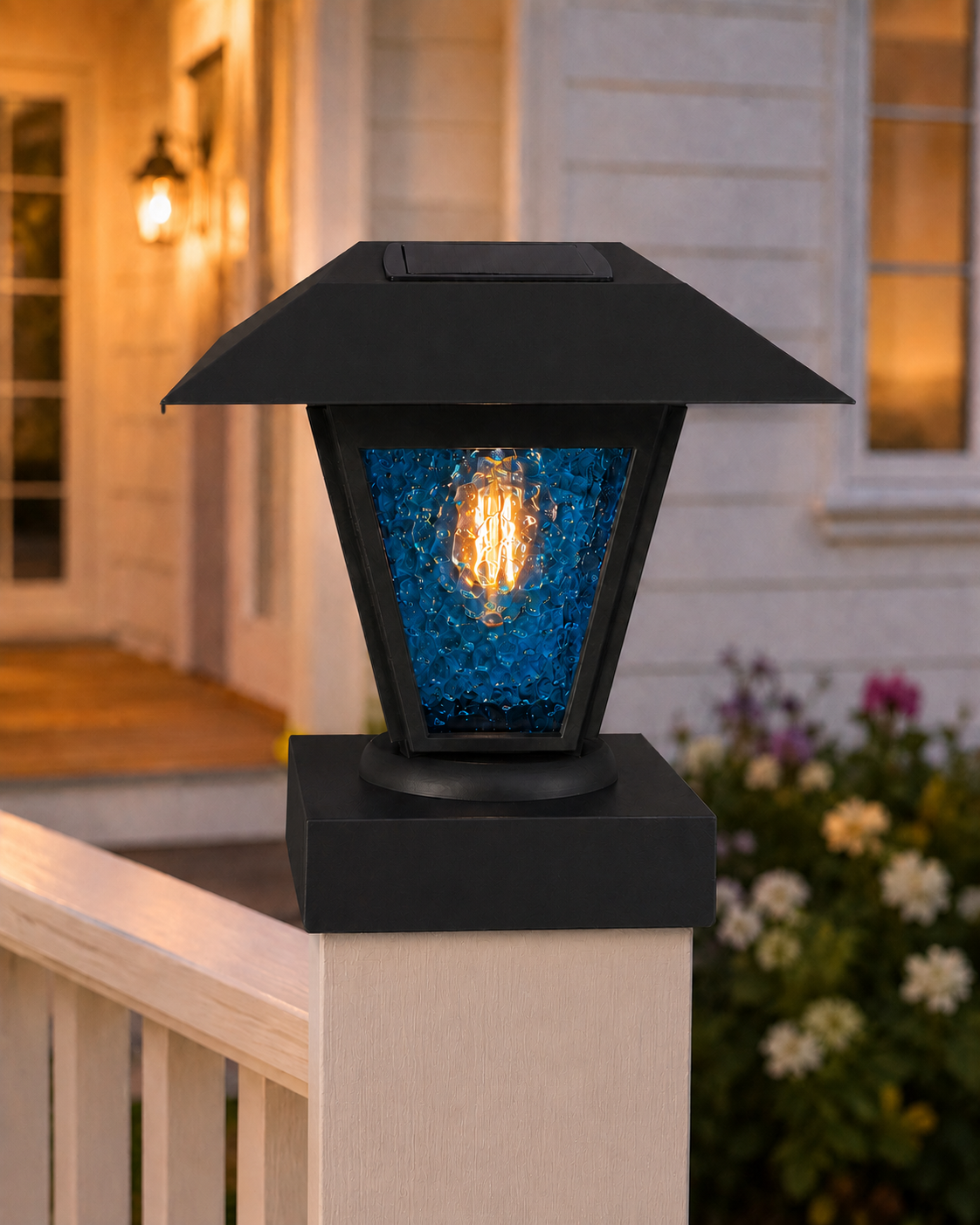 Lantern in Blue Glass 3-Inch Edison Bulb 4.5-Inch Solar Post Cap Light – Black