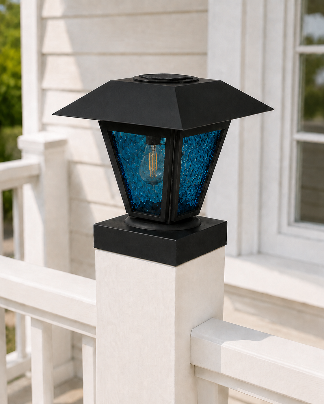 Lantern in Blue Glass 3-Inch Edison Bulb 4.5-Inch Solar Post Cap Light – Black