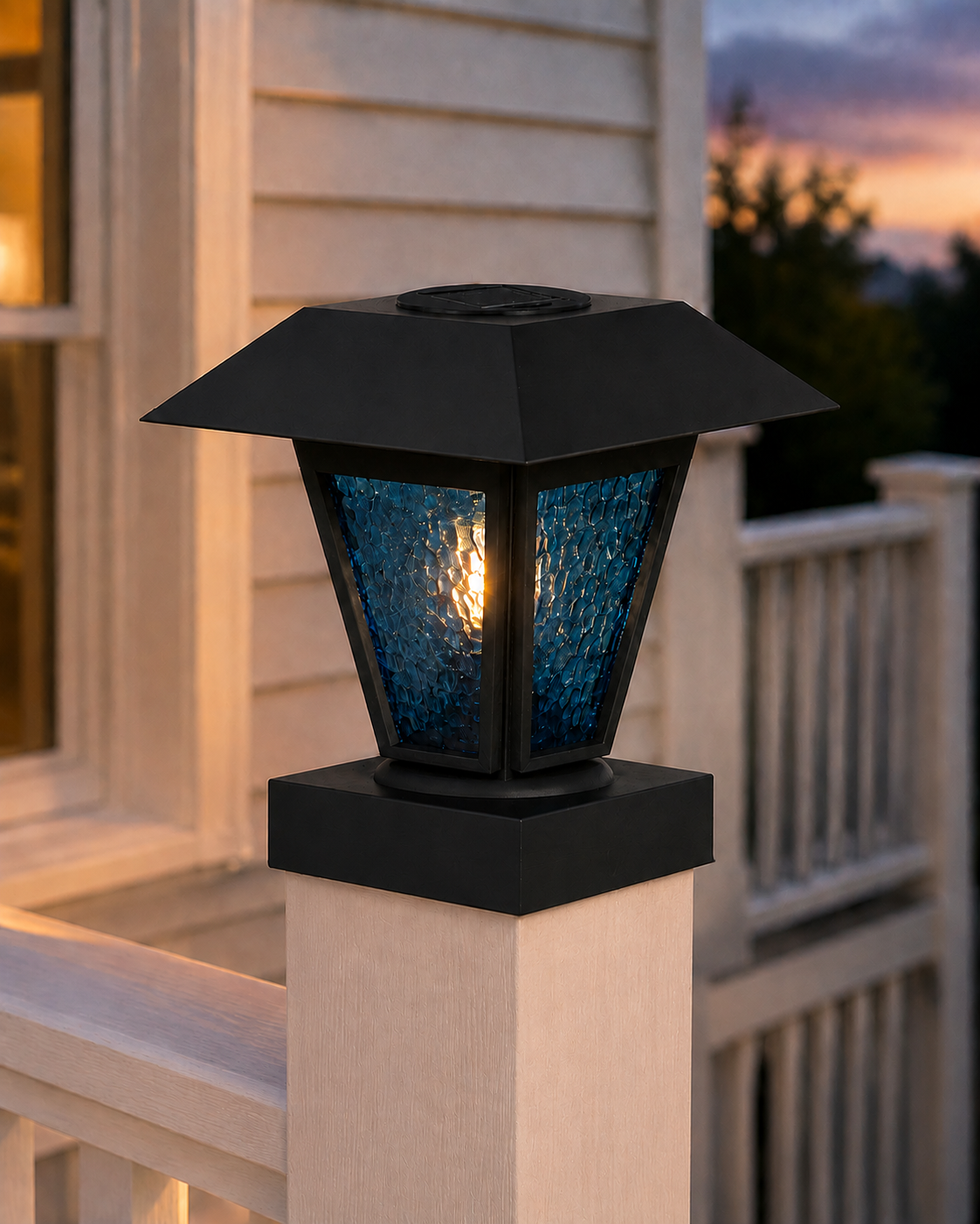 Lantern in Blue Glass 3-Inch Edison Bulb 4.5-Inch Solar Post Cap Light – Black