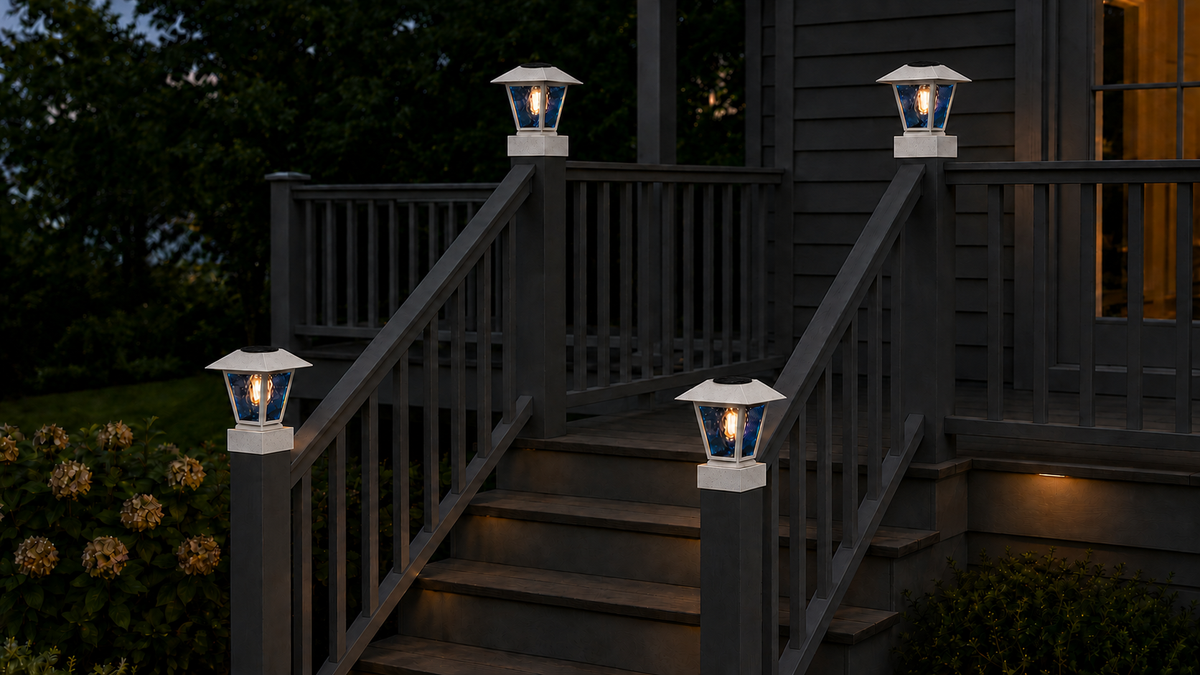 Lantern in Blue Glass 3-Inch Edison Bulb 4.5-Inch Solar Post Cap Light – Marble