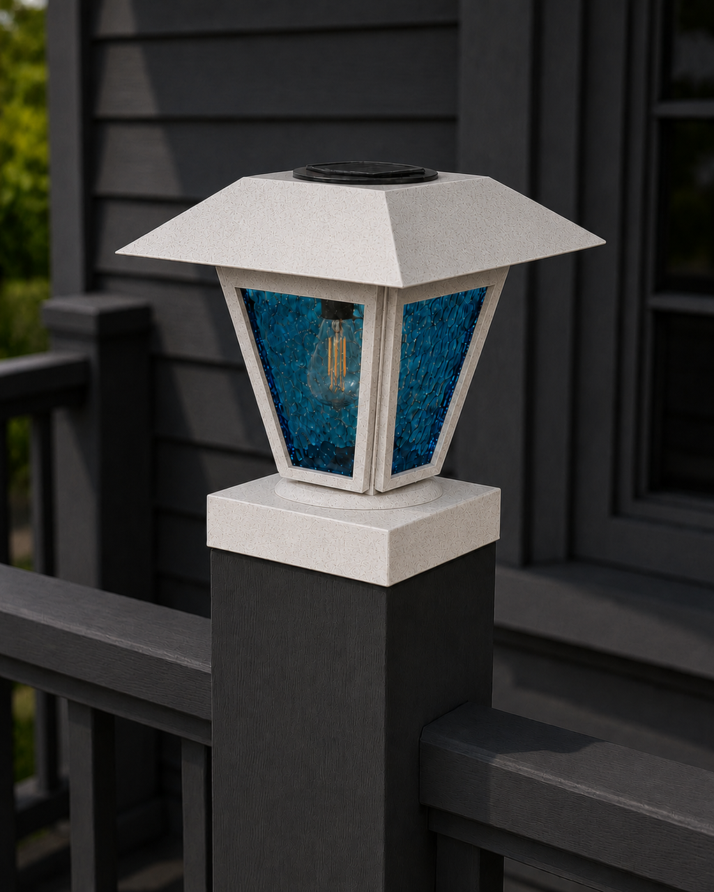 Lantern in Blue Glass 3-Inch Edison Bulb 4.5-Inch Solar Post Cap Light – Marble