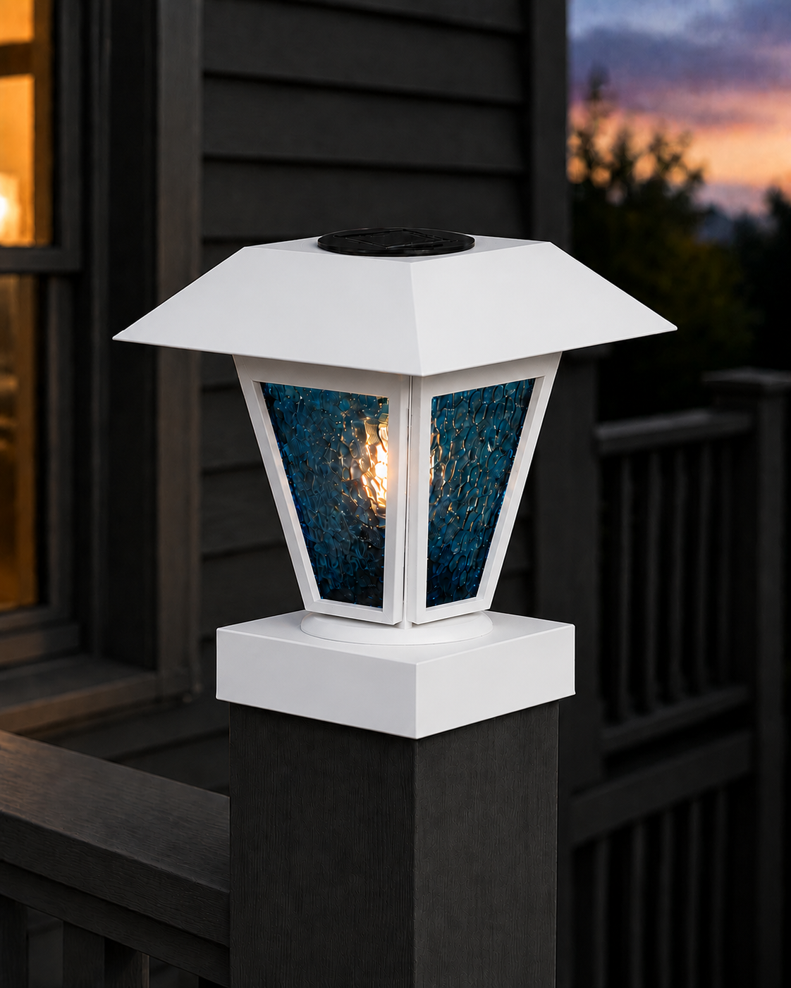 Lantern in Blue Glass 3-Inch Edison Bulb 4.5-Inch Solar Post Cap Light – White