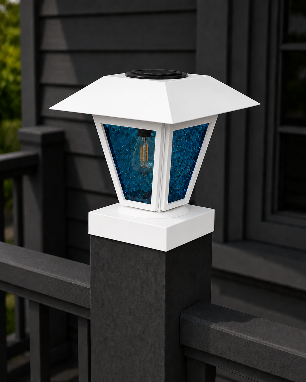 Lantern in Blue Glass 3-Inch Edison Bulb 4.5-Inch Solar Post Cap Light – White