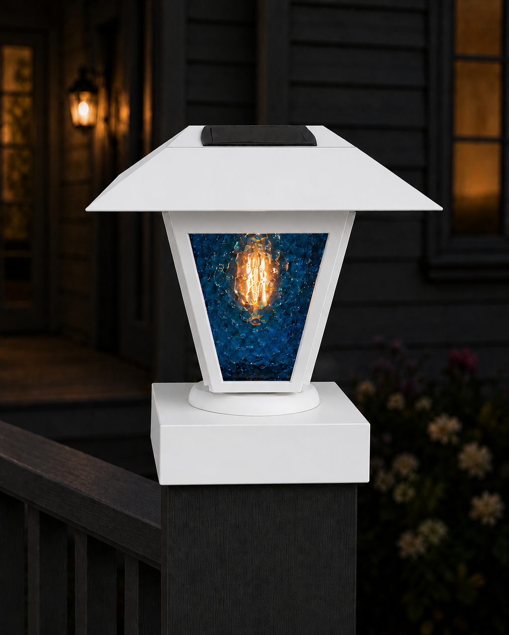Lantern in Blue Glass 3-Inch Edison Bulb 4.5-Inch Solar Post Cap Light – White