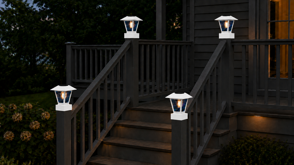 Lantern in Blue Glass 3-Inch Edison Bulb 4.5-Inch Solar Post Cap Light – White