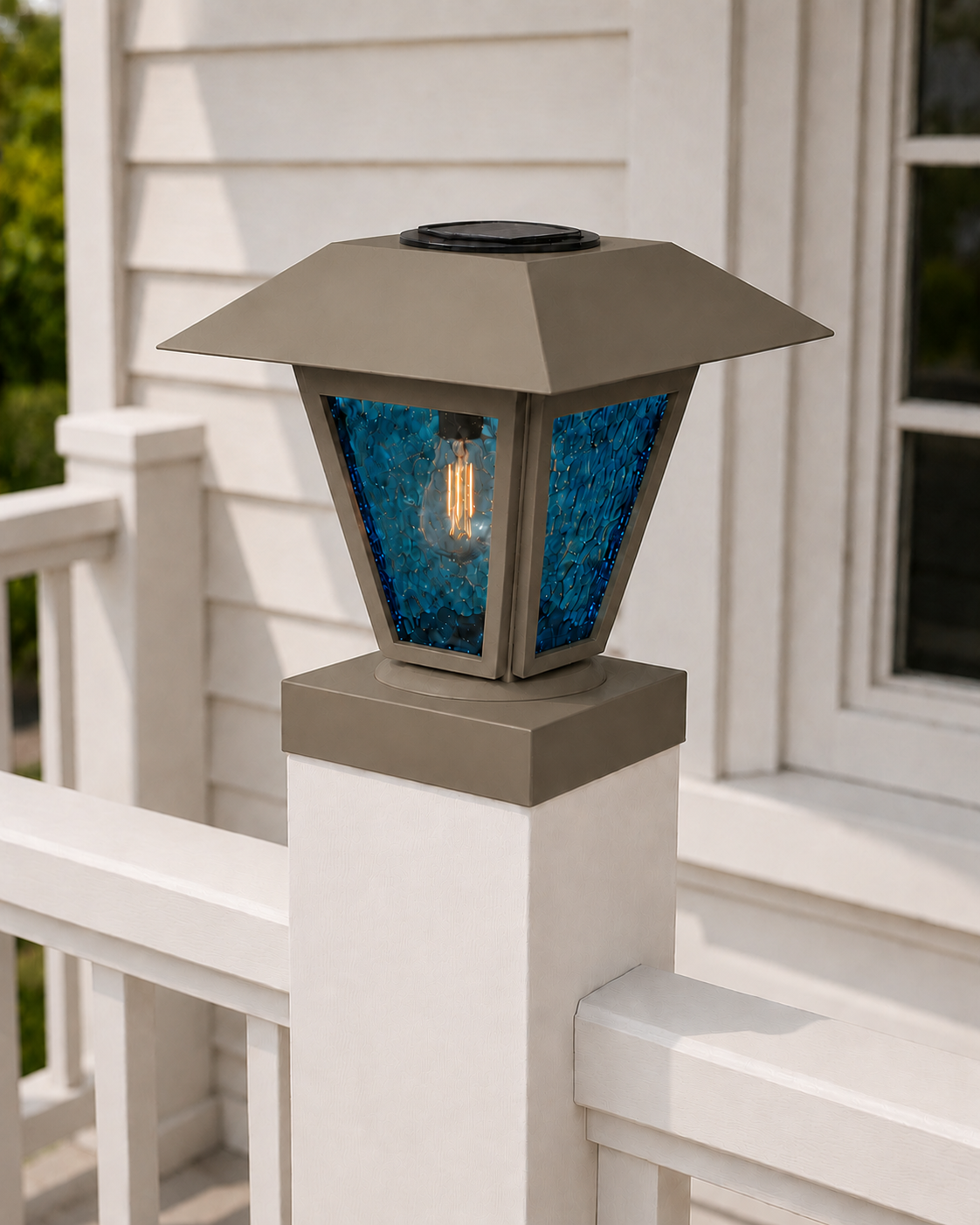 Lantern in Blue Glass 3-Inch Edison Bulb 4.5-Inch Solar Post Cap Light – Olive Brown