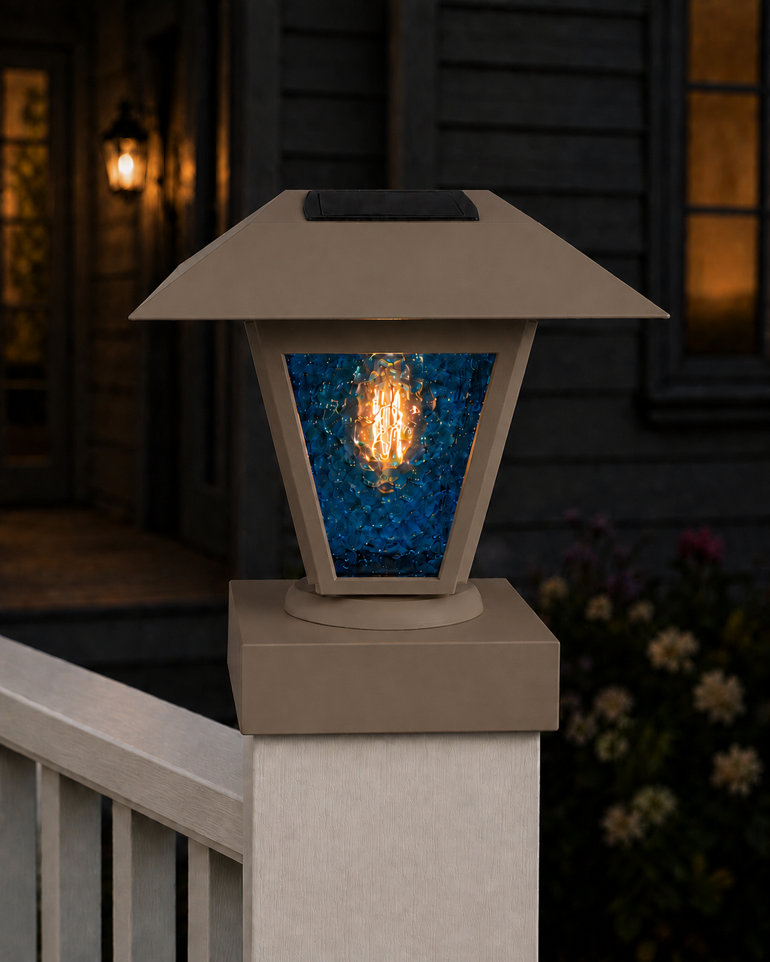 Lantern in Blue Glass 3-Inch Edison Bulb 4.5-Inch Solar Post Cap Light – Olive Brown