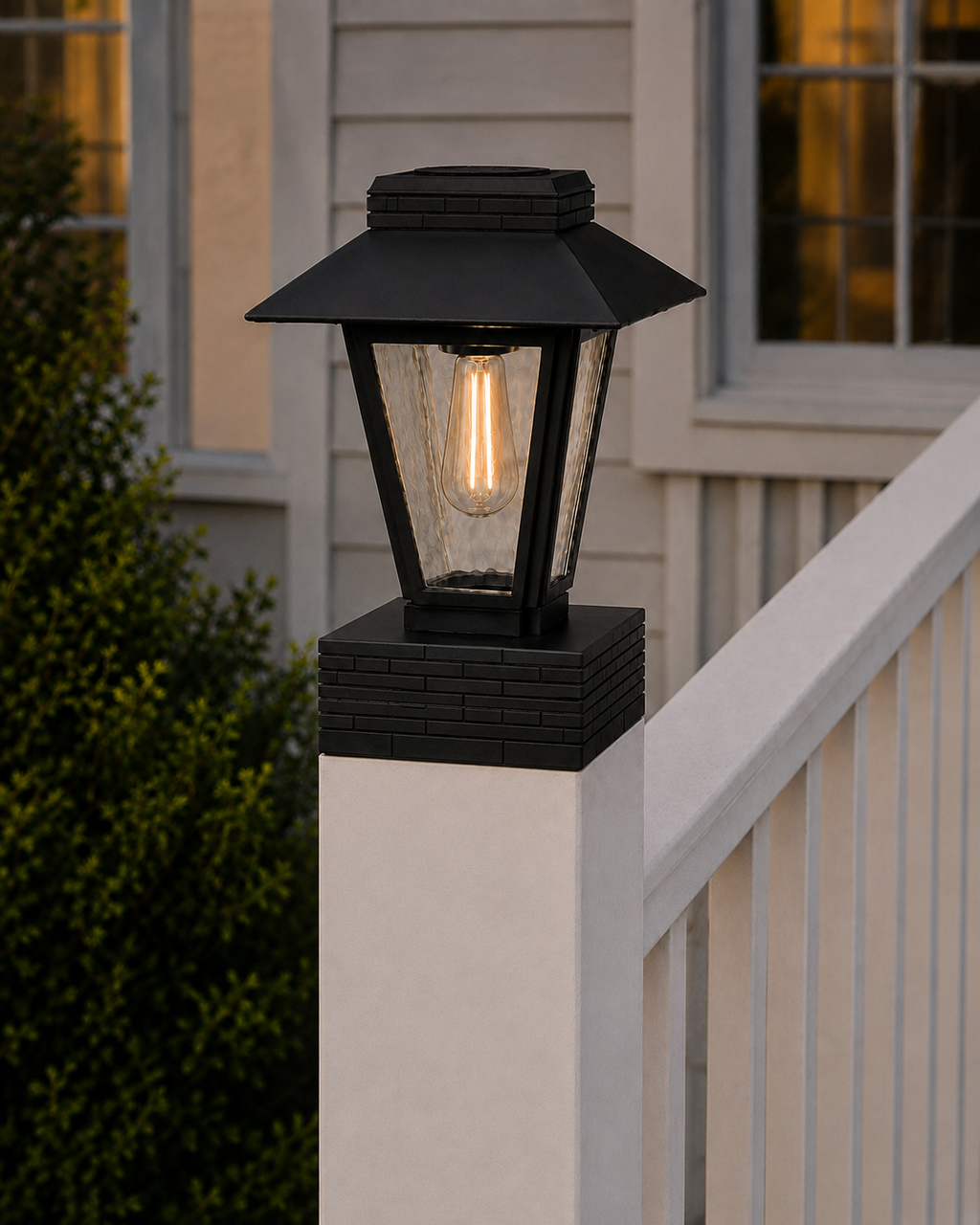 Lantern with Rippled Glass 4-Inch Edison Bulb 4.5-Inch Solar Post Cap Light – Black