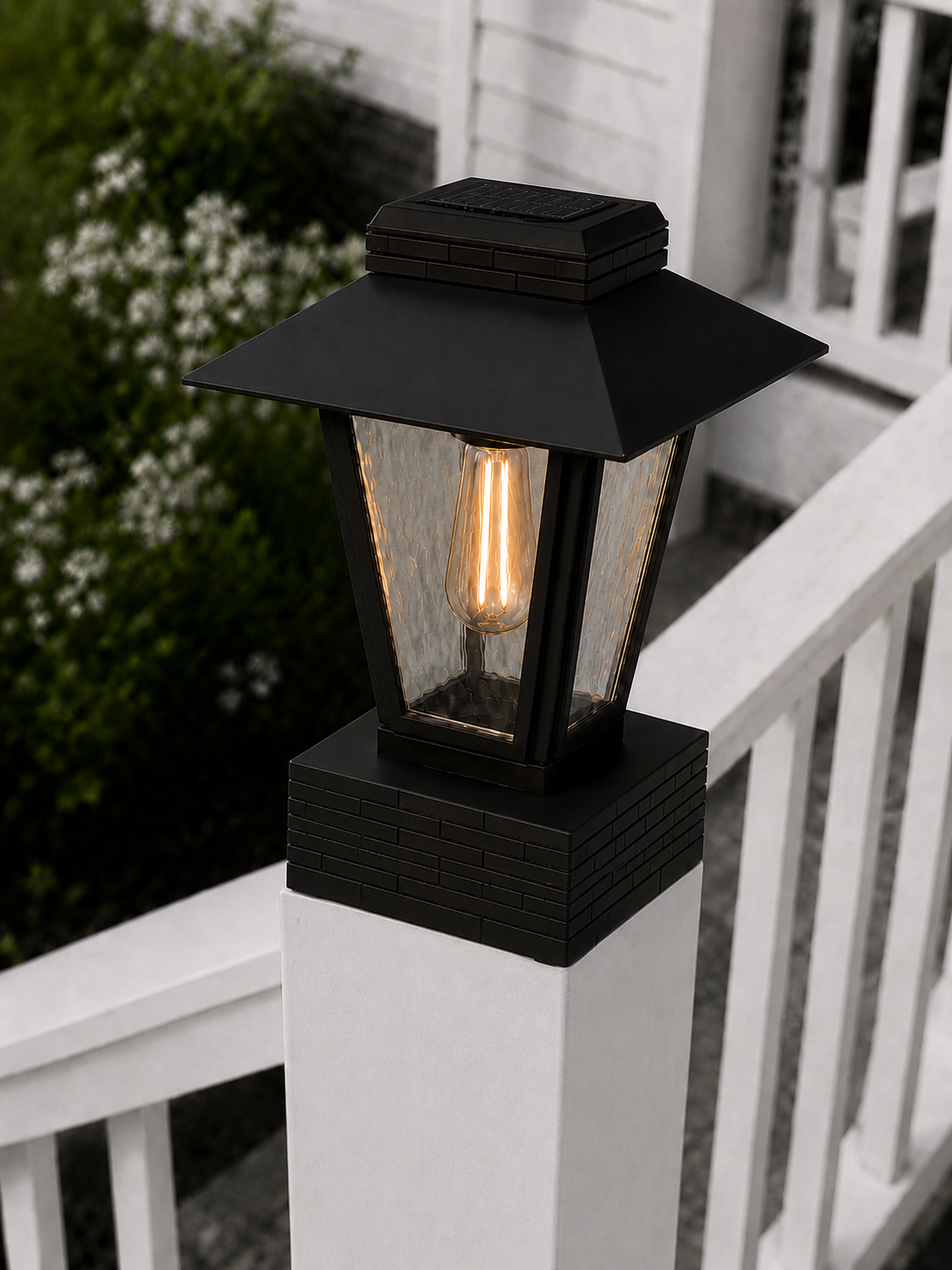 Lantern with Rippled Glass 4-Inch Edison Bulb 4.5-Inch Solar Post Cap Light – Black