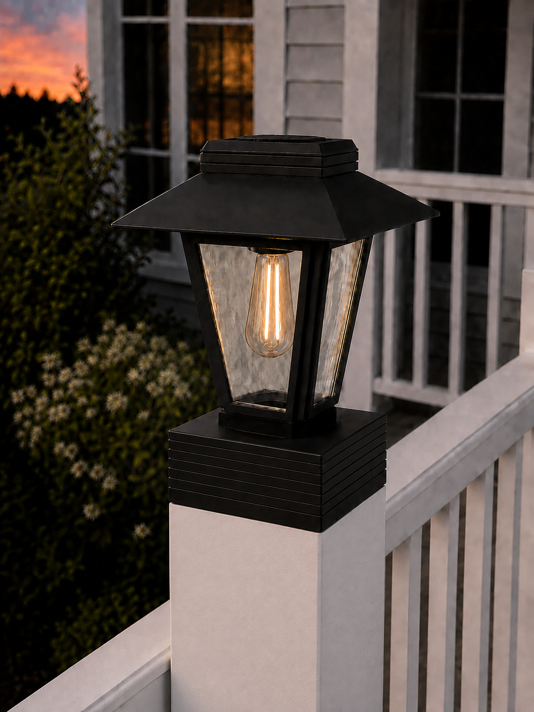 Lantern with Rippled Glass 4-Inch Edison Bulb 4.5-Inch Solar Post Cap Light – Black