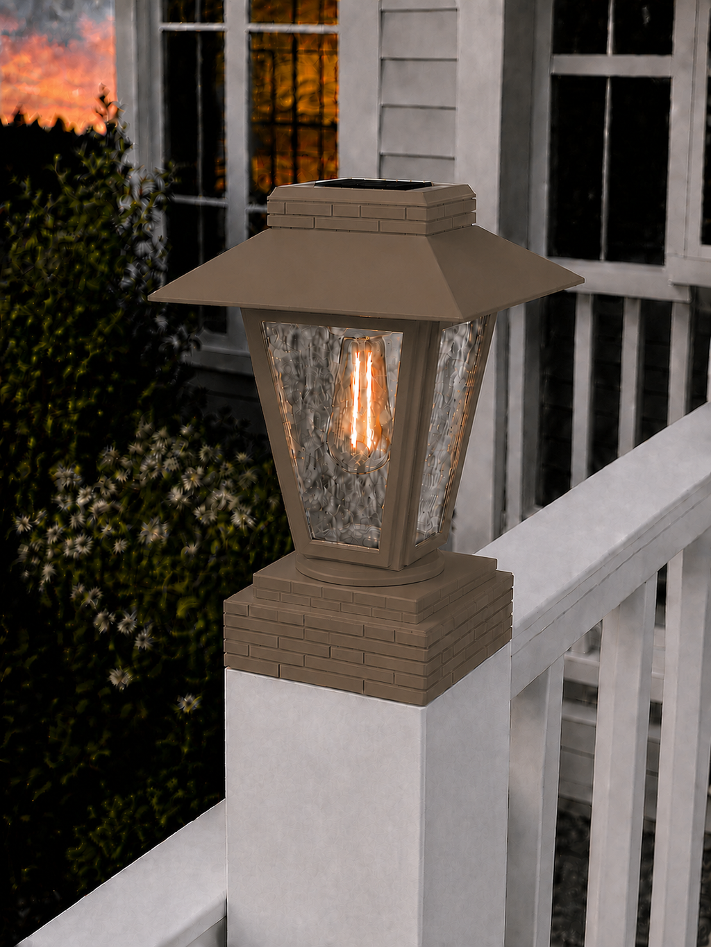 Lantern with Rippled Glass 4-Inch Edison Bulb 4.5-Inch Solar Post Cap Light – Olive Brown