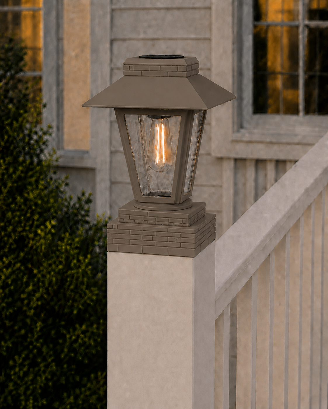 Lantern with Rippled Glass 4-Inch Edison Bulb 4.5-Inch Solar Post Cap Light – Olive Brown