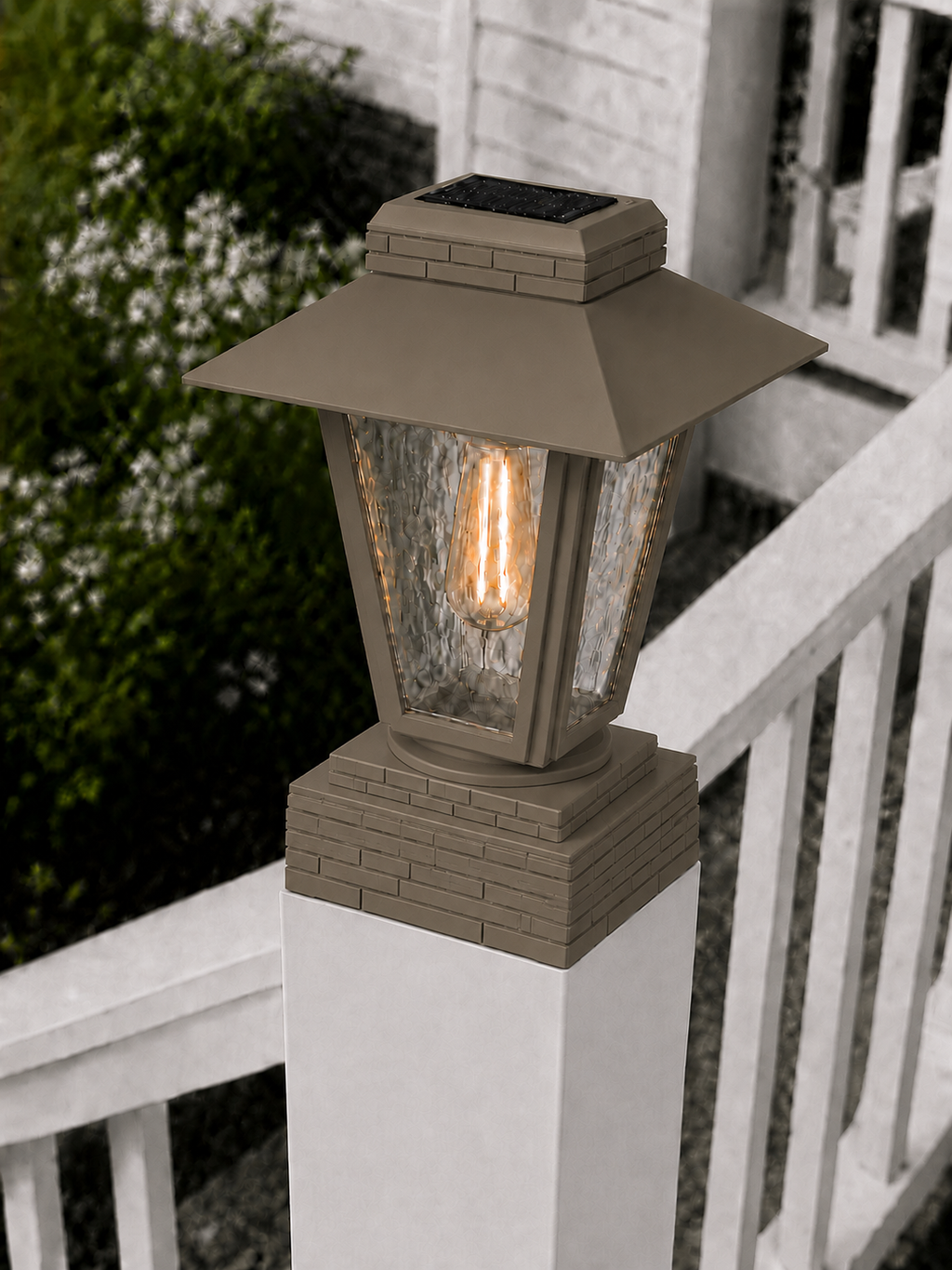 Lantern with Rippled Glass 4-Inch Edison Bulb 4.5-Inch Solar Post Cap Light – Olive Brown