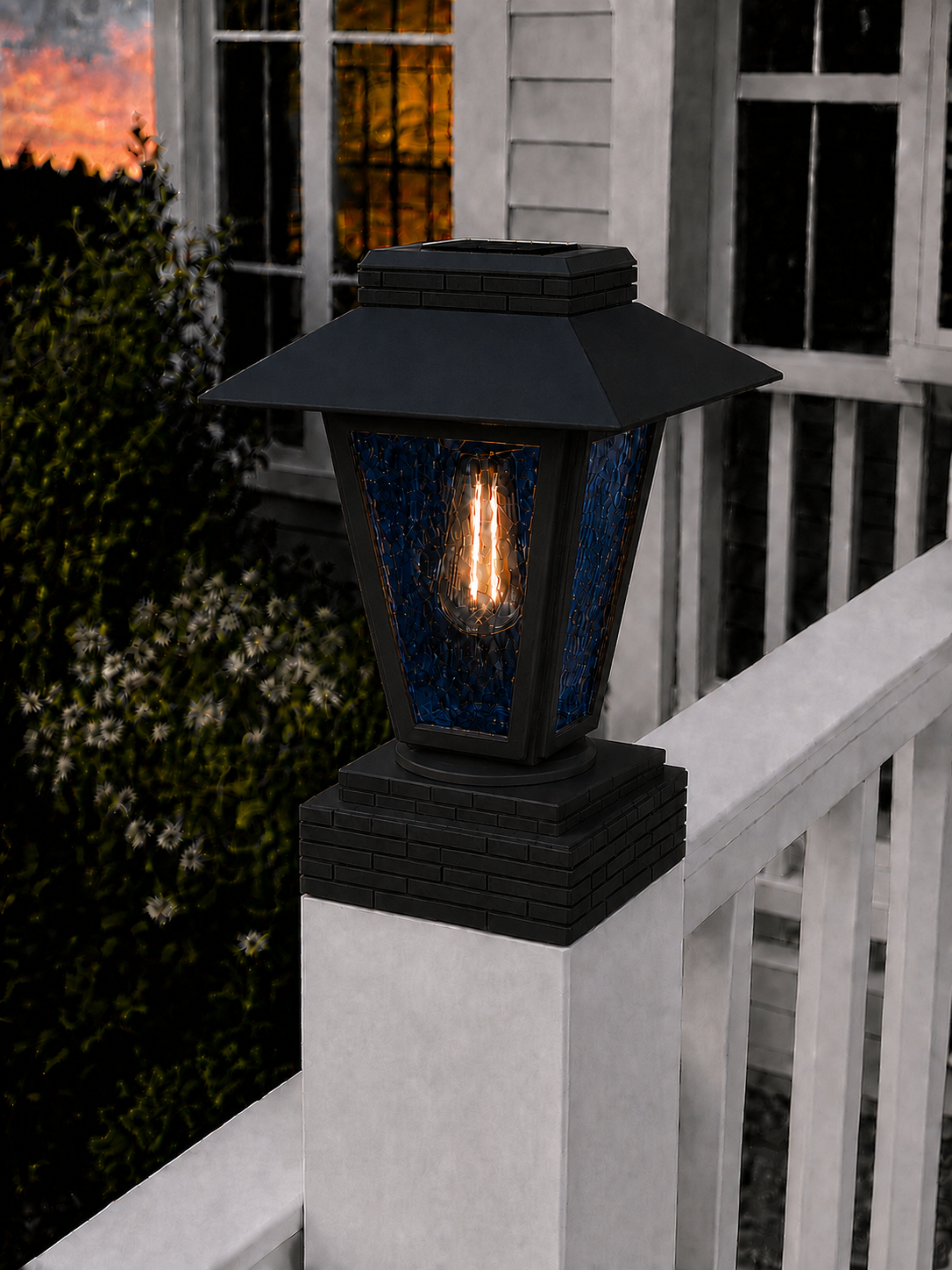 Lantern with Blue Glass 4-Inch Edison Bulb 4.5-Inch Solar Post Cap Light – Black