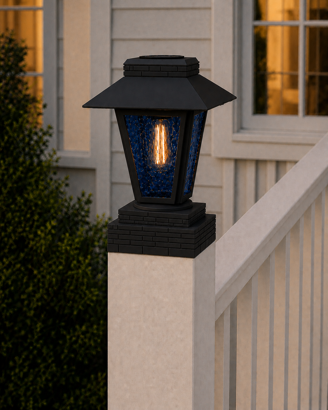 Lantern with Blue Glass 4-Inch Edison Bulb 4.5-Inch Solar Post Cap Light – Black