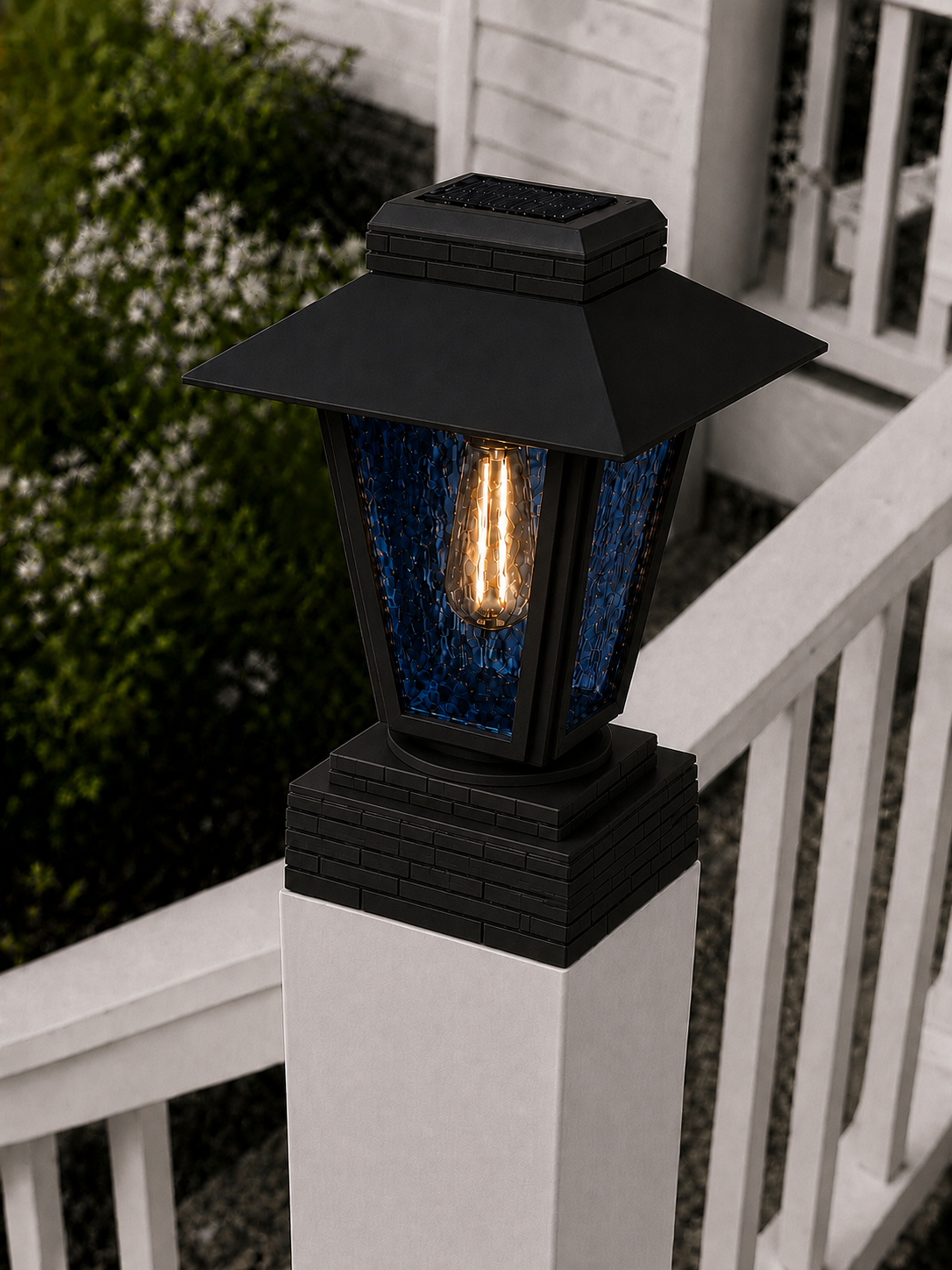 Lantern with Blue Glass 4-Inch Edison Bulb 4.5-Inch Solar Post Cap Light – Black