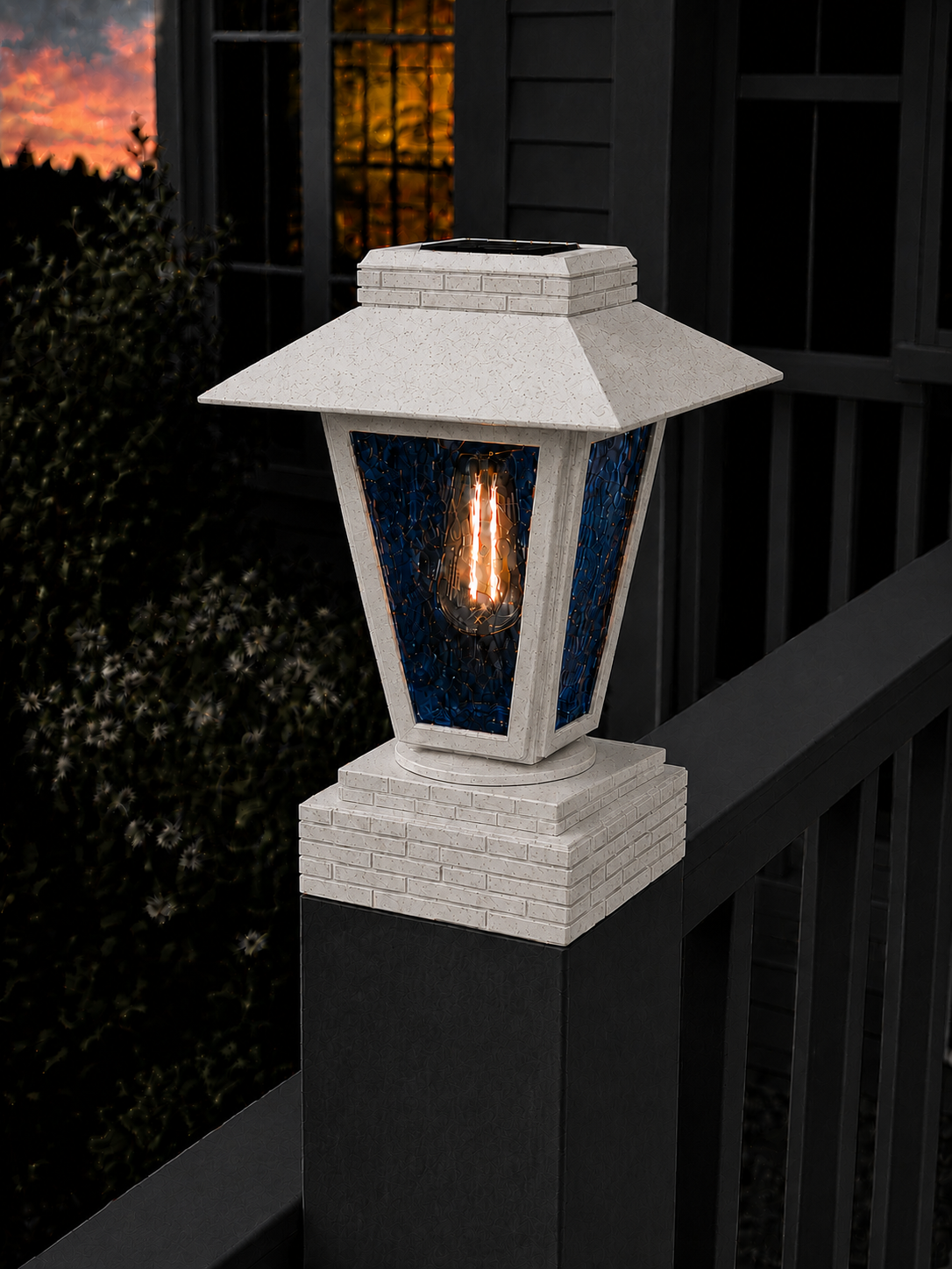 Lantern with Blue Glass 4-Inch Edison Bulb 4.5-Inch Solar Post Cap Light – Marble